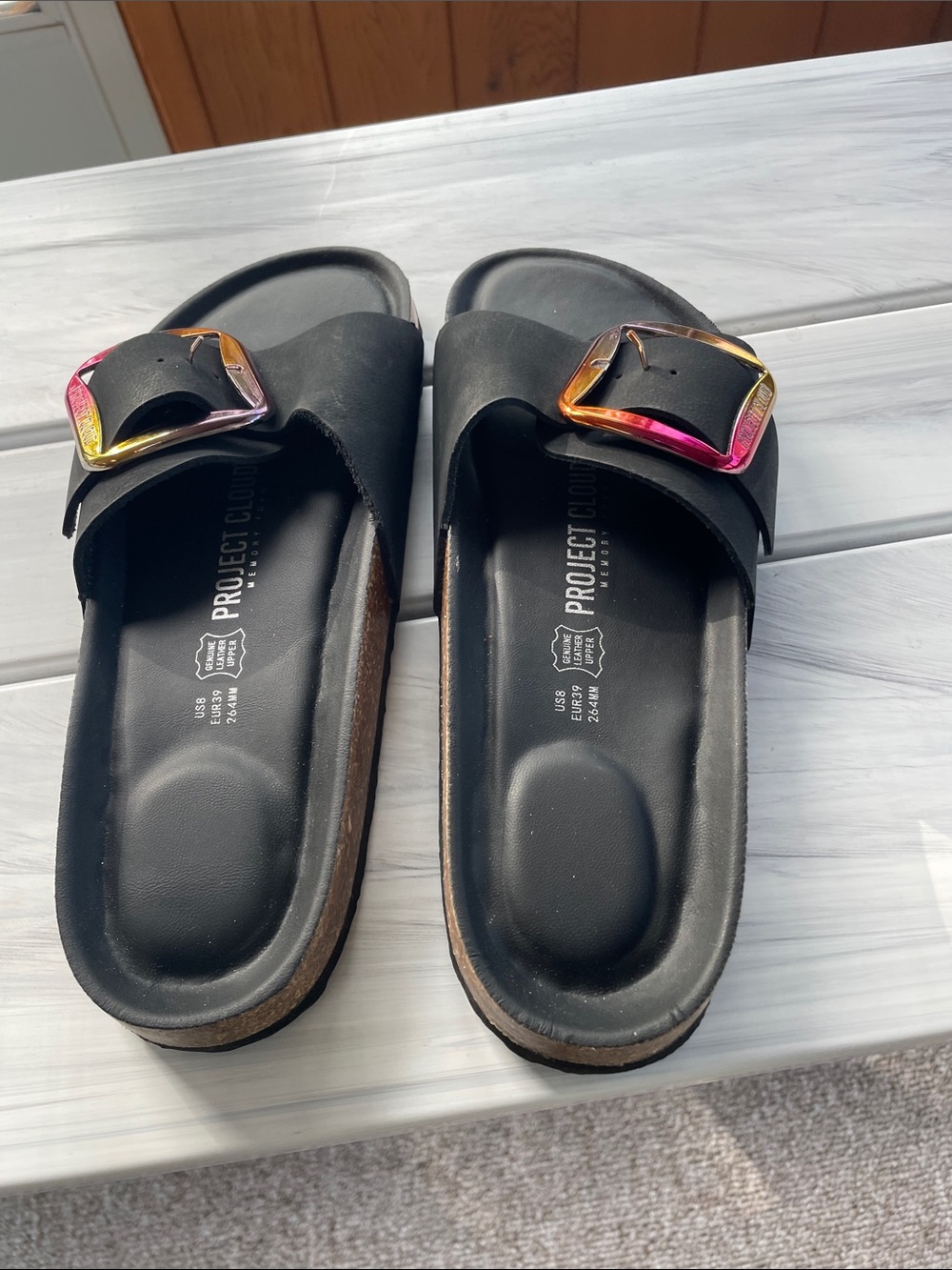 Project Cloud Black Slide Sandals with Iridescent Buckles